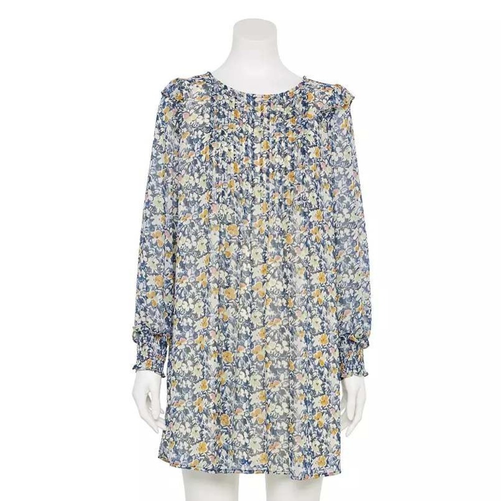 NWT Lauren Conrad Blue Floral Pleated A-Line Mini Dress Long Sleeve size XS
